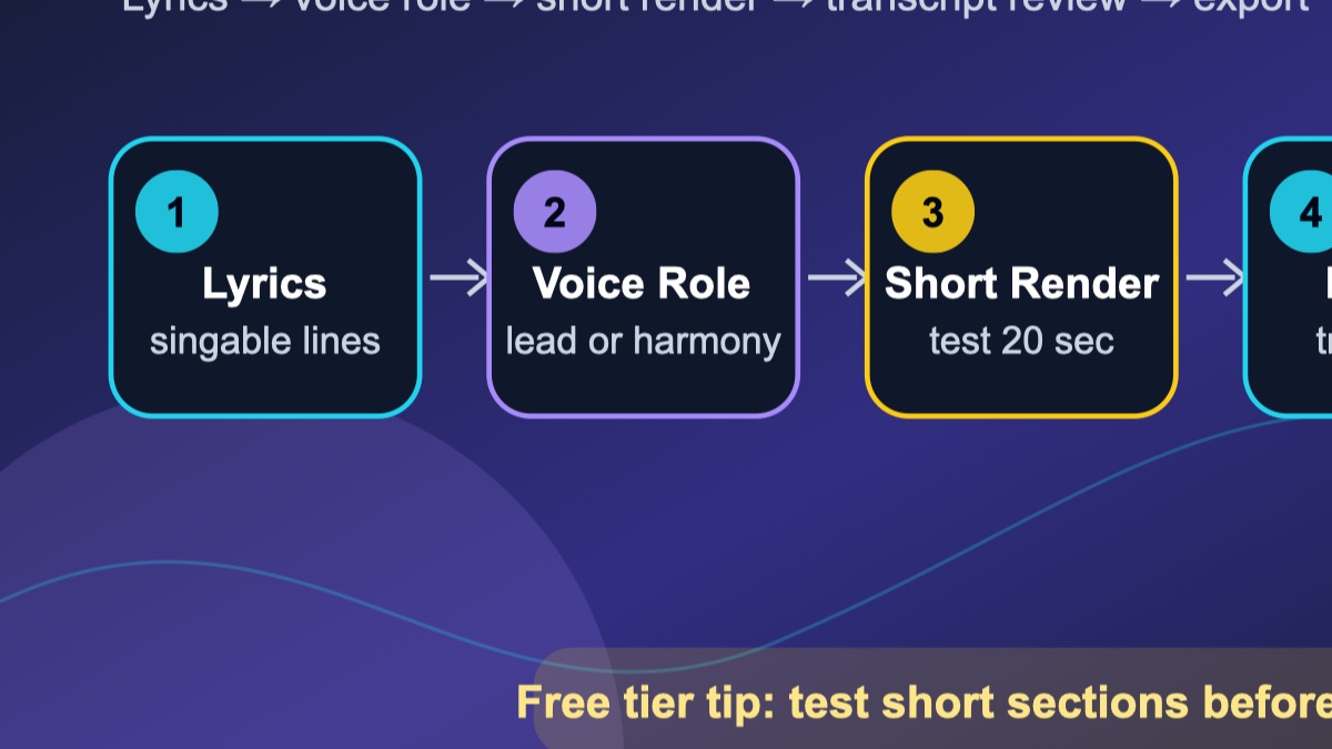 AI singing voice generator free workflow with lyrics, voice style, render, review, and export
