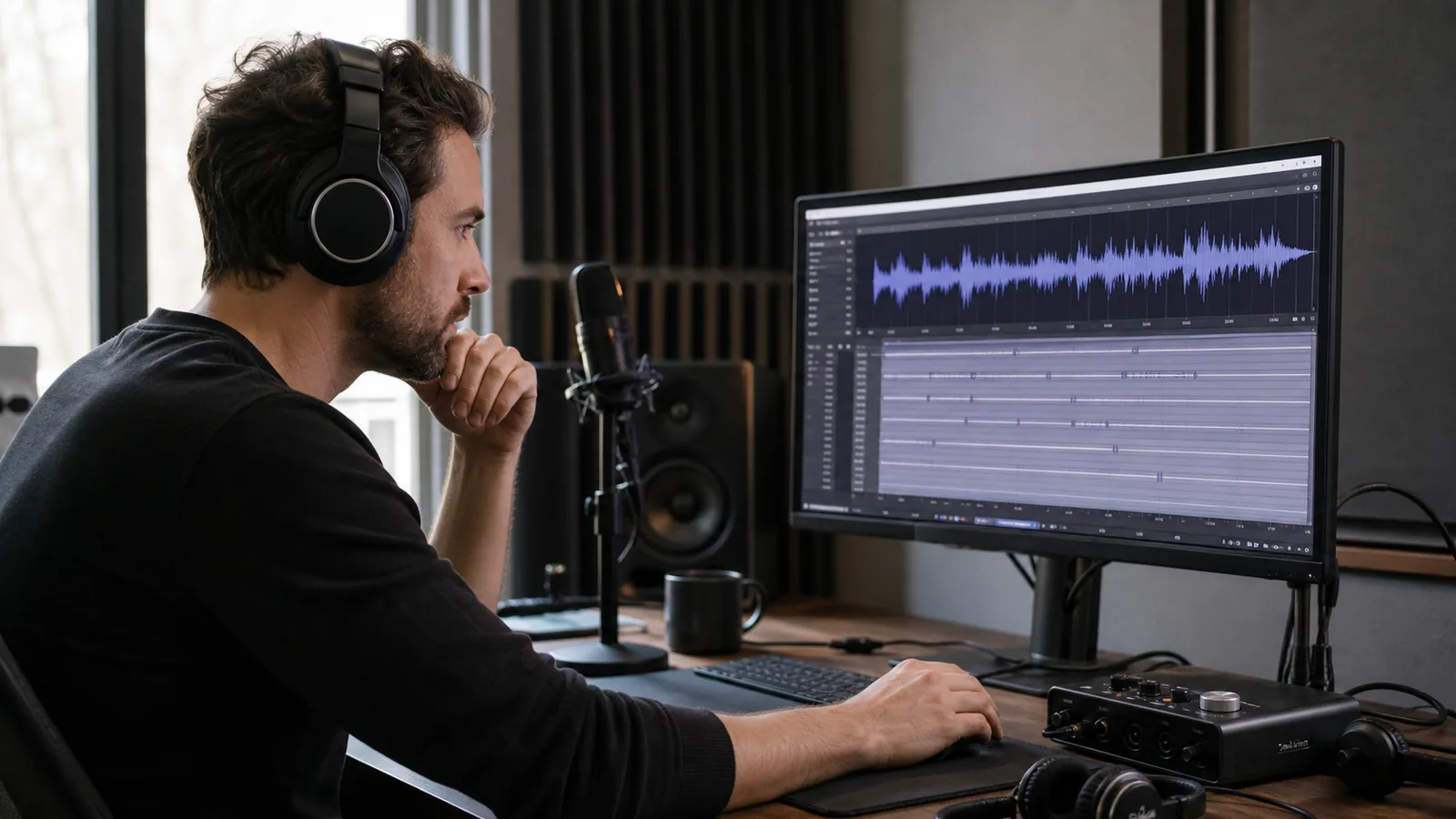 Audio engineer reviewing a GPT Transcribe speech-to-text waveform and transcript