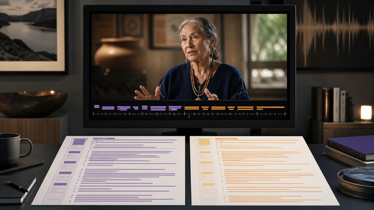 Source-language audio segments connected to a reviewed translated transcript