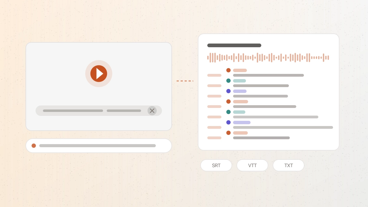 A Facebook video link turning into a speaker-labelled transcript with timestamps