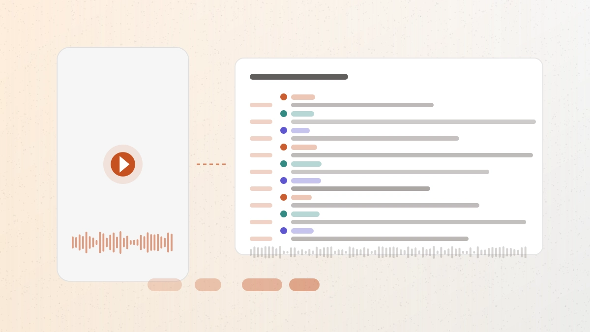 A Reel link becoming an editable transcript with speaker labels and timestamps