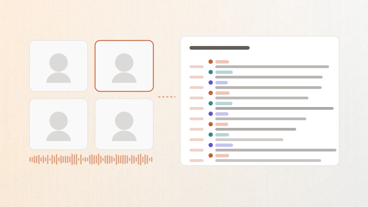 A meeting recording link becoming a speaker-separated transcript with timestamps