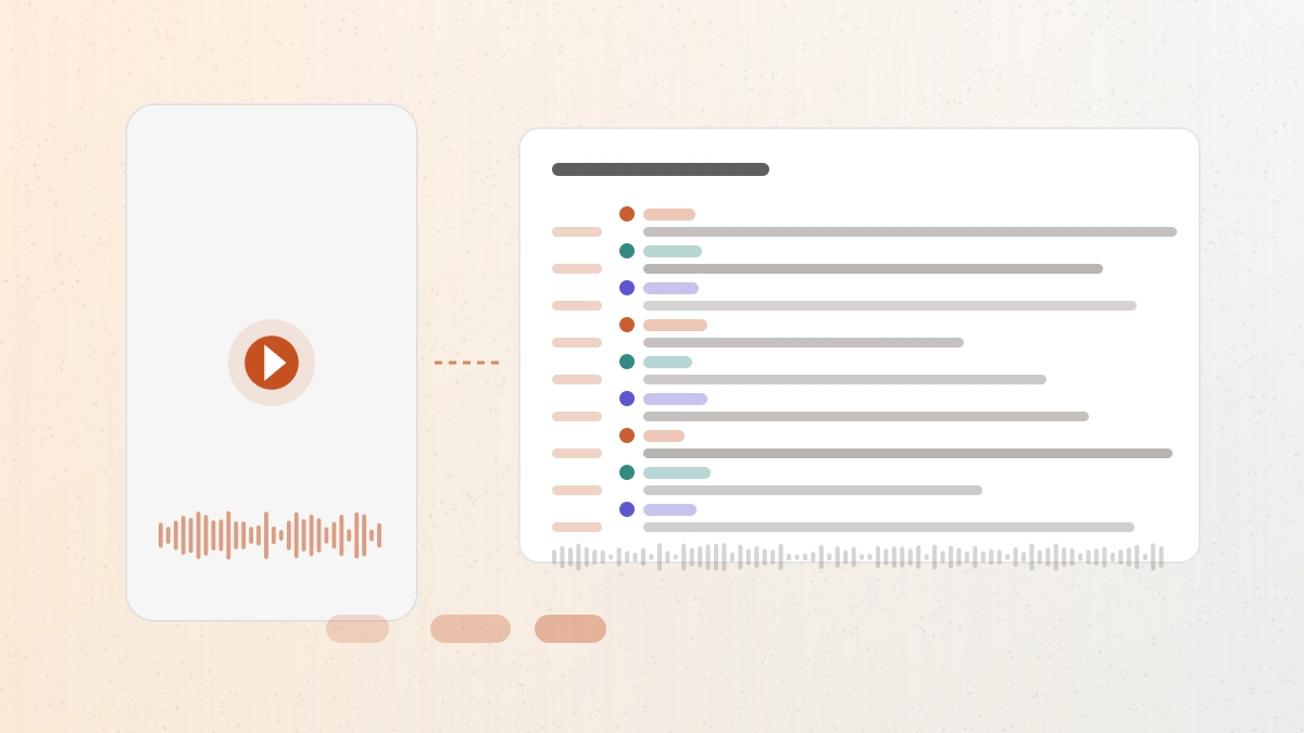 A vertical video link turning into editable transcript text with timestamps