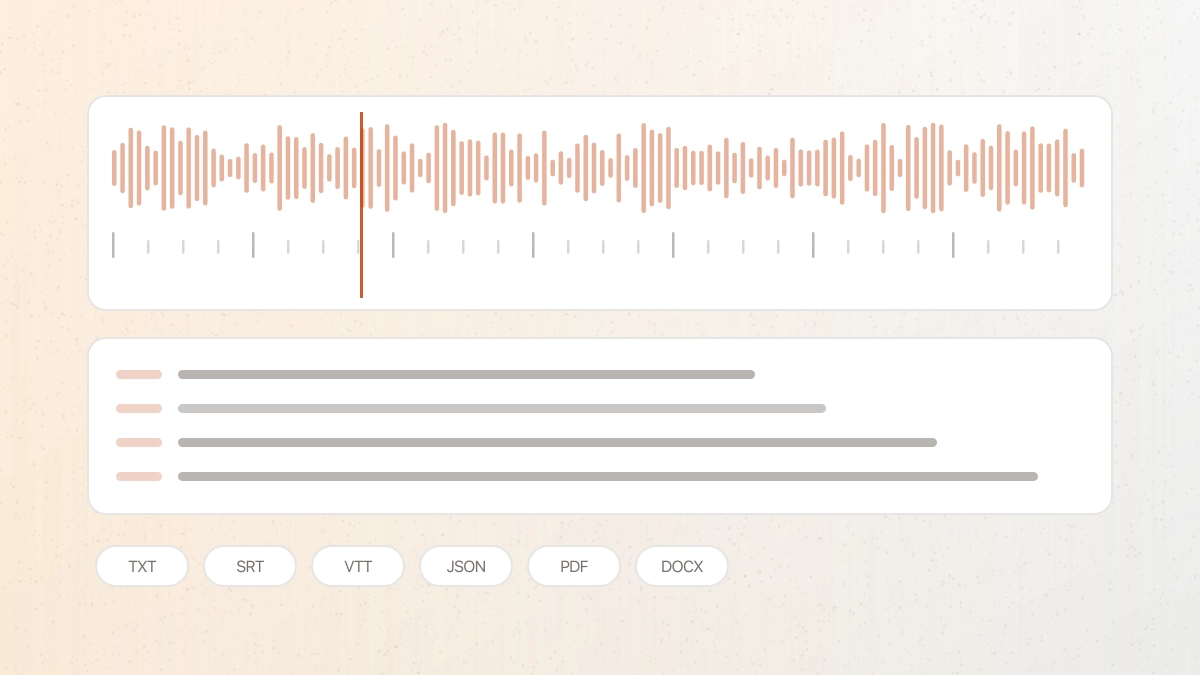 A video timeline aligned with an editable transcript and export formats
