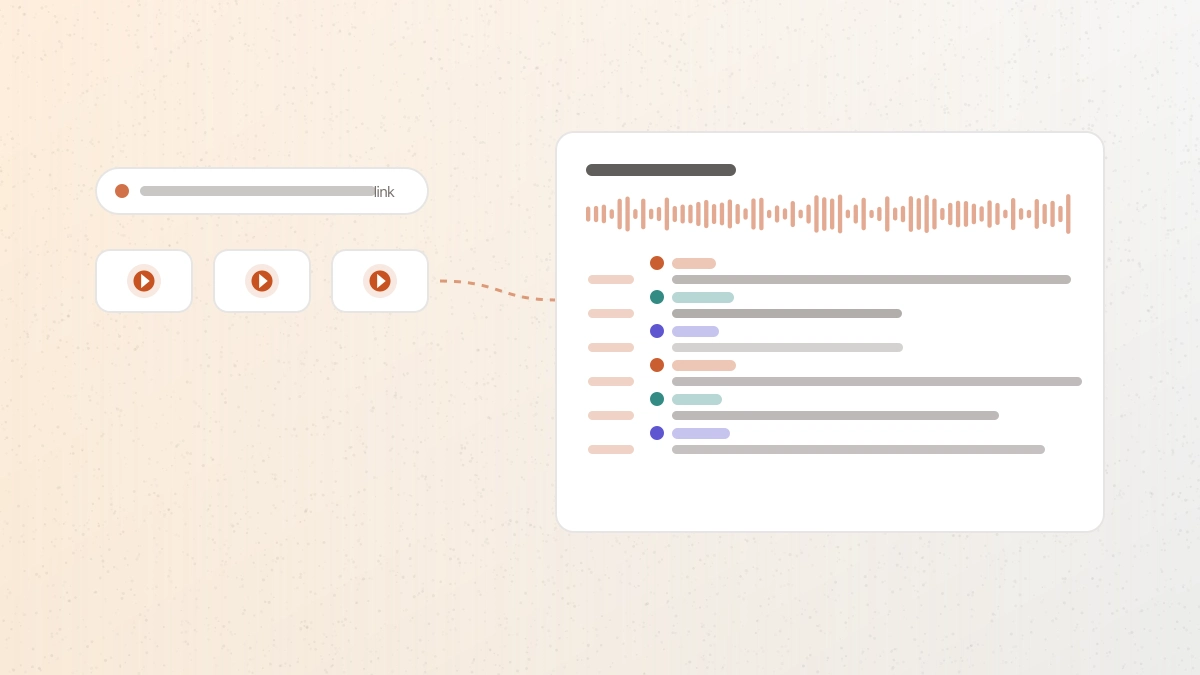 A pasted video link becoming a timestamped transcript with speaker labels