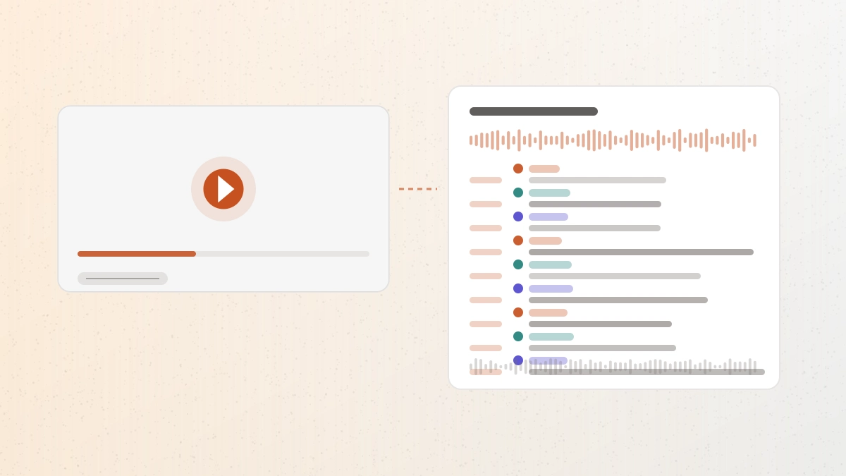 A YouTube link resolving into a timestamped transcript with separated speakers